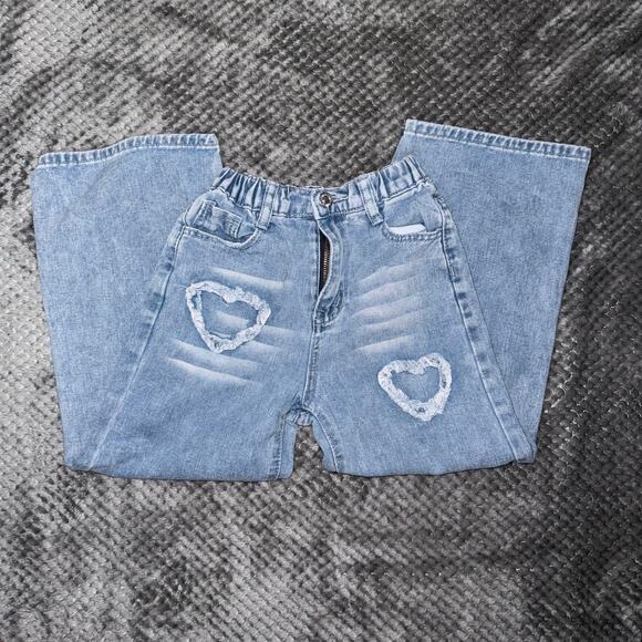 SHEIN Girls Heart Pattern Slant Pocket Jeans Pants Size 8Y Denim Blue Cute - Picture 1 of 6